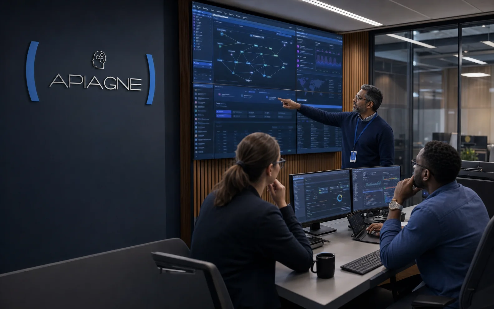 Engineers analyzing enterprise service health in an Apiagne operations center